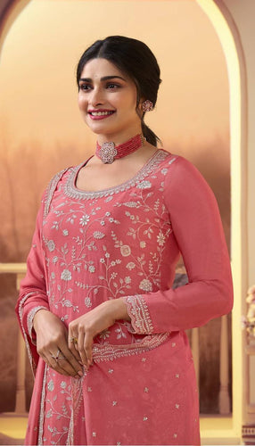 Peach Vichitra Embroidered Salwar Kameez Set ClothsVilla