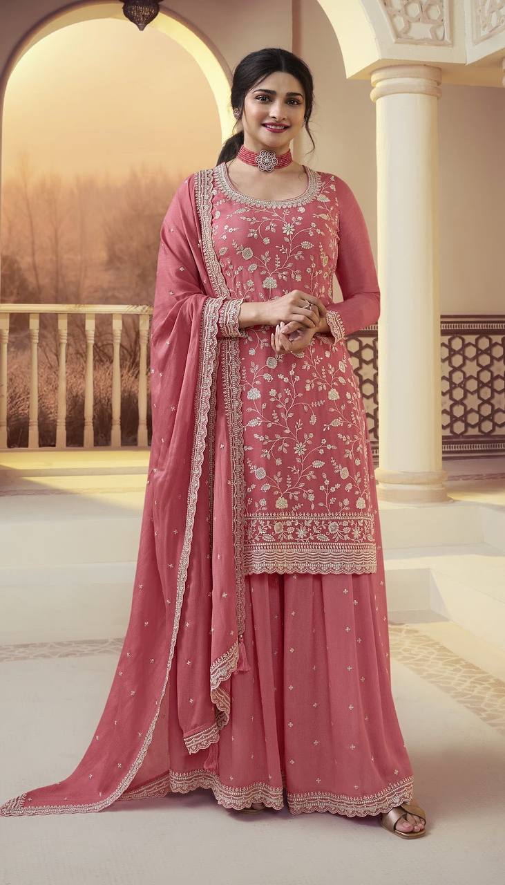Peach Vichitra Embroidered Salwar Kameez Set ClothsVilla