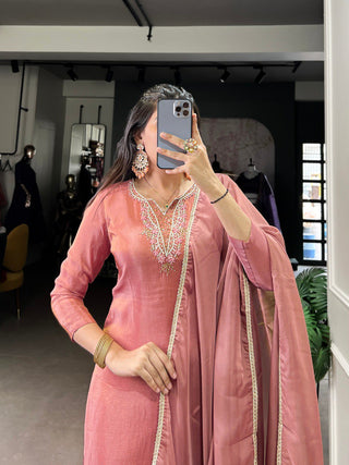 Peach Viscose Tissue Handworked Kurti Set with Organza Dupatta ClothsVilla