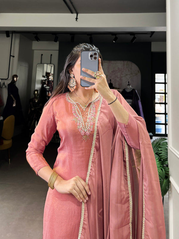 Peach Viscose Tissue Handworked Kurti Set with Organza Dupatta ClothsVilla