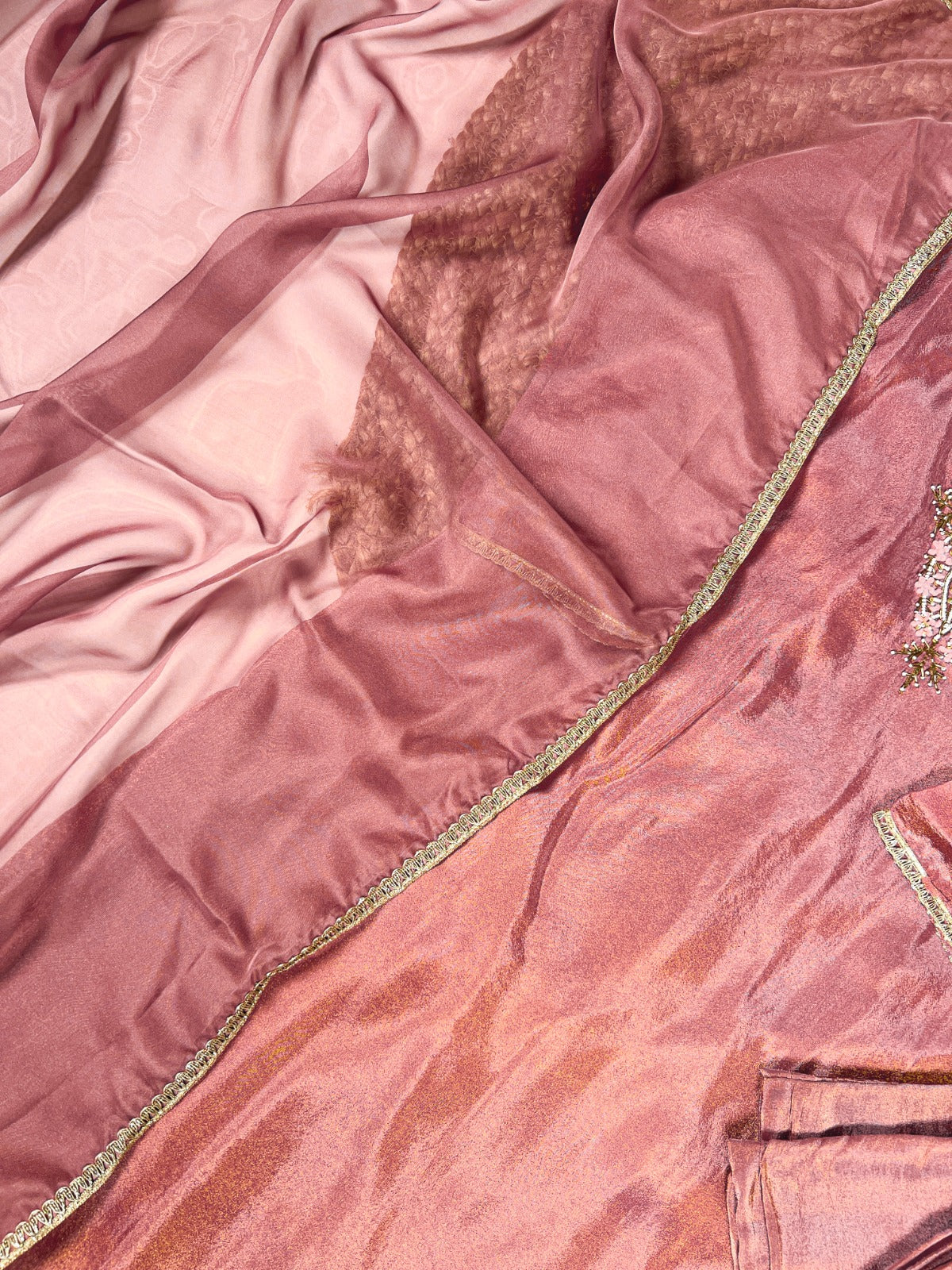 Peach Viscose Tissue Handworked Kurti Set with Organza Dupatta ClothsVilla