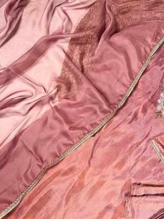 Peach Viscose Tissue Handworked Kurti Set with Organza Dupatta ClothsVilla