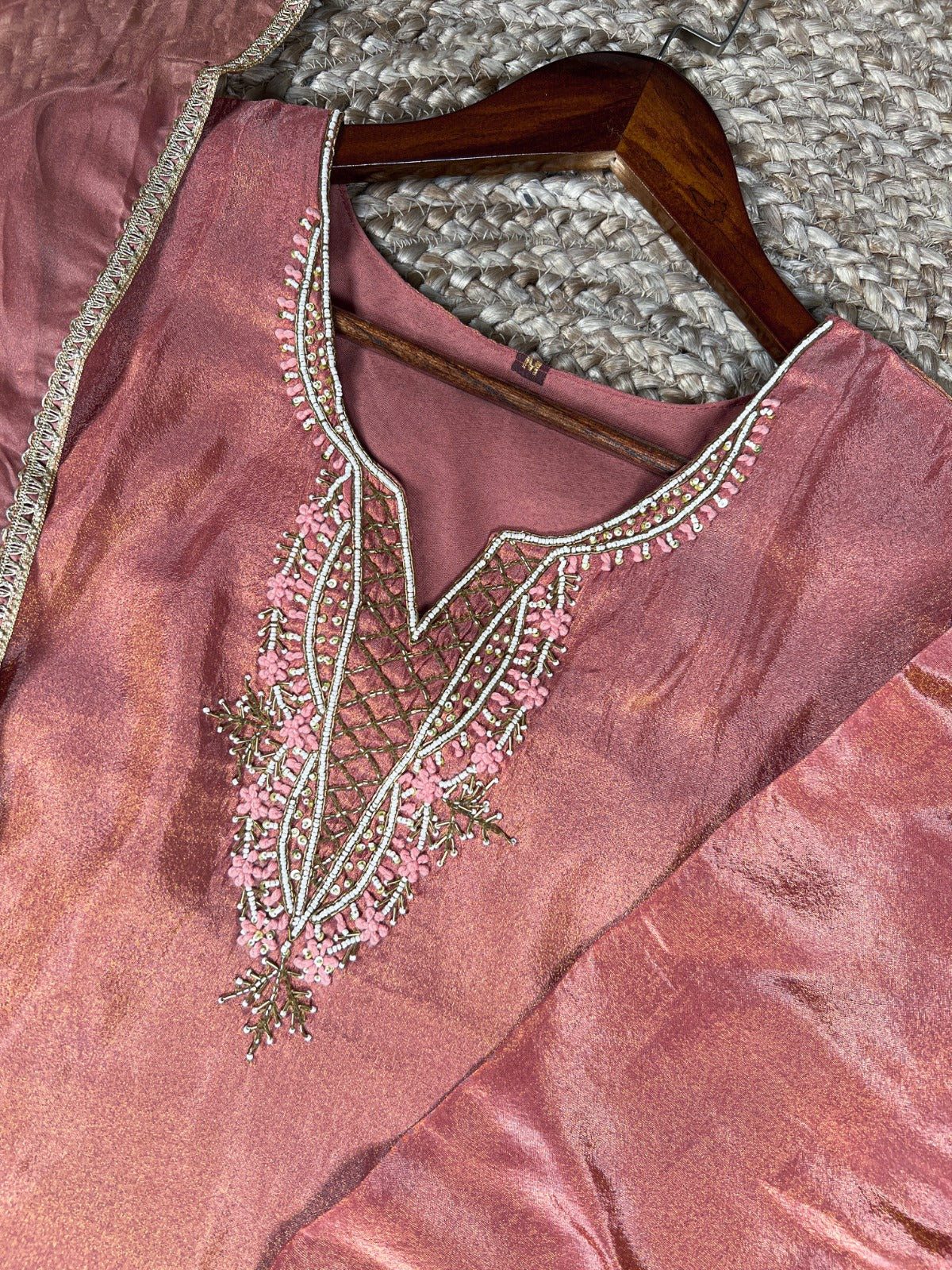 Peach Viscose Tissue Handworked Kurti Set with Organza Dupatta ClothsVilla