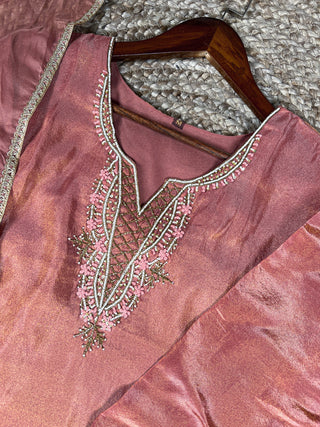 Peach Viscose Tissue Handworked Kurti Set with Organza Dupatta ClothsVilla