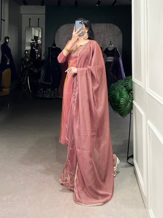 Peach Viscose Tissue Handworked Kurti Set with Organza Dupatta ClothsVilla
