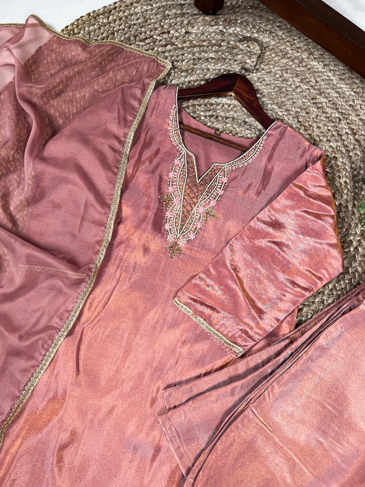 Peach Viscose Tissue Handworked Kurti Set with Organza Dupatta ClothsVilla