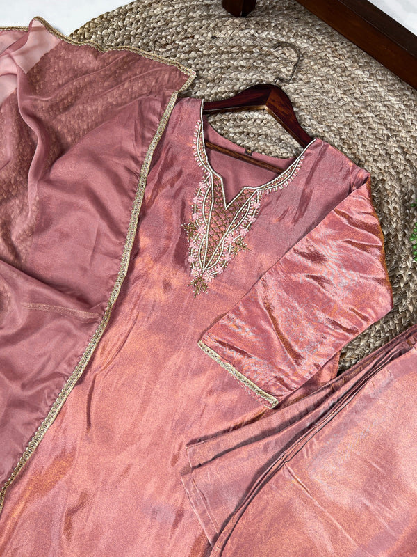 Peach Viscose Tissue Handworked Kurti Set with Organza Dupatta ClothsVilla