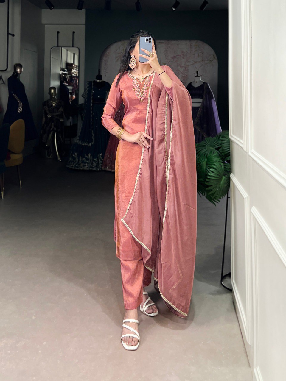 Peach Viscose Tissue Handworked Kurti Set with Organza Dupatta ClothsVilla