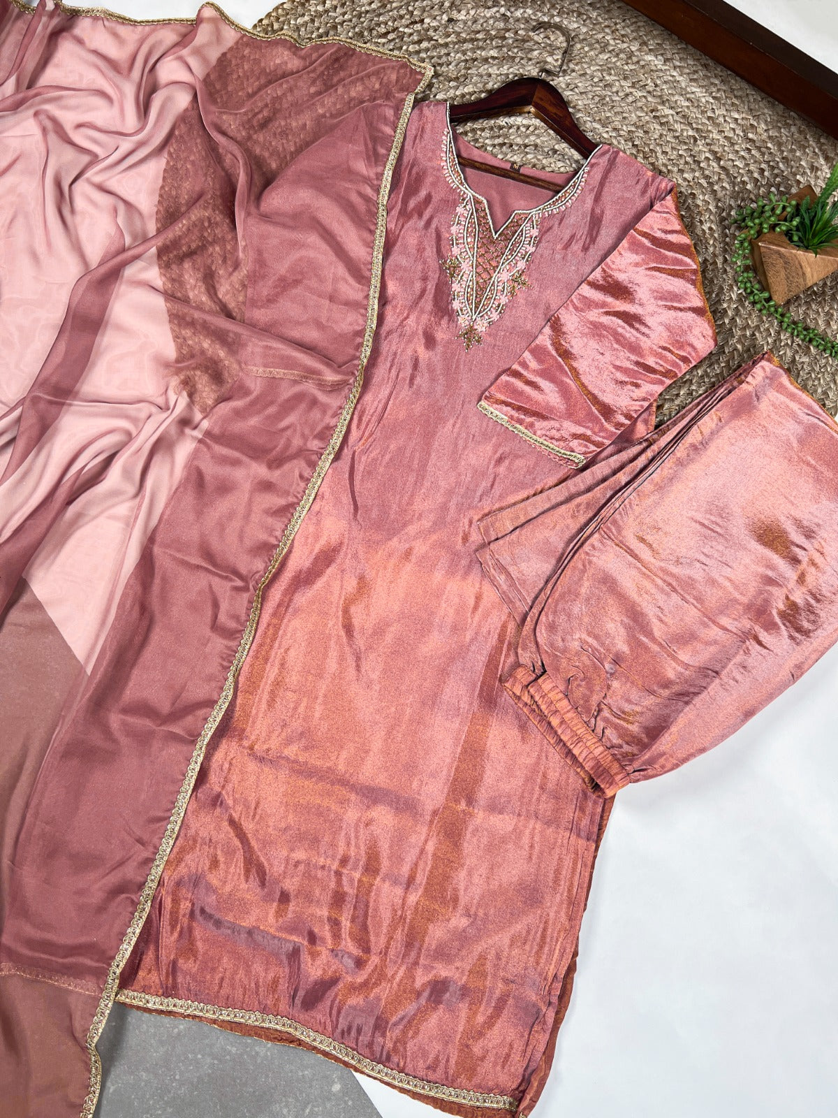 Peach Viscose Tissue Handworked Kurti Set with Organza Dupatta ClothsVilla