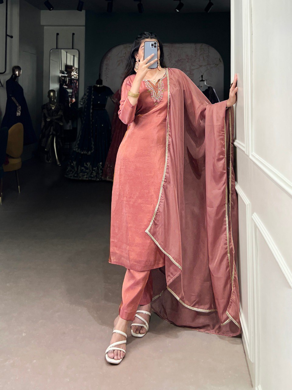 Peach Viscose Tissue Handworked Kurti Set with Organza Dupatta ClothsVilla