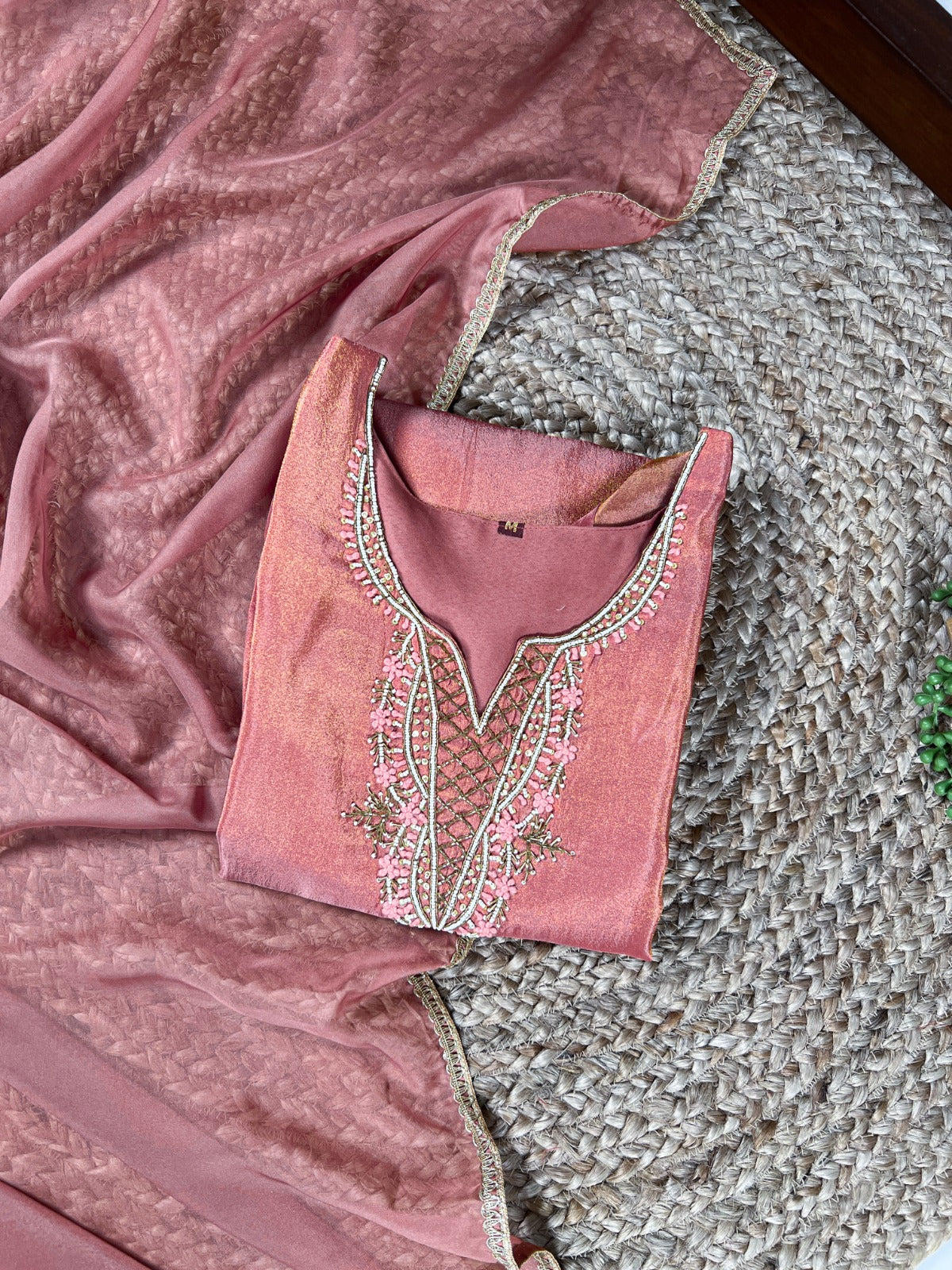 Peach Viscose Tissue Handworked Kurti Set with Organza Dupatta ClothsVilla