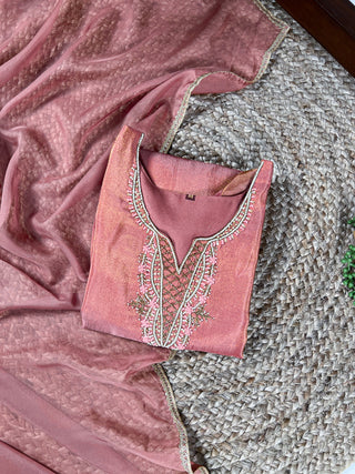 Peach Viscose Tissue Handworked Kurti Set with Organza Dupatta ClothsVilla