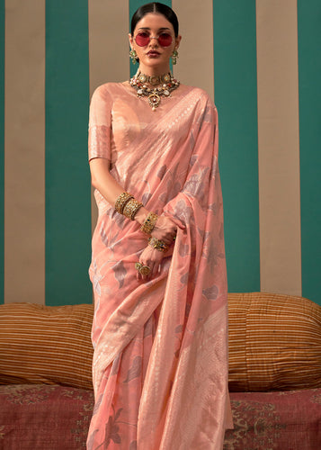 Peach Woven Cotton Silk Blend Linen Saree with Unstitched Blouse ClothsVilla