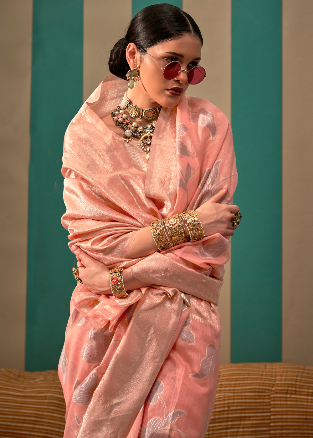 Peach Woven Cotton Silk Blend Linen Saree with Unstitched Blouse ClothsVilla