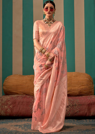Peach Woven Cotton Silk Blend Linen Saree with Unstitched Blouse ClothsVilla