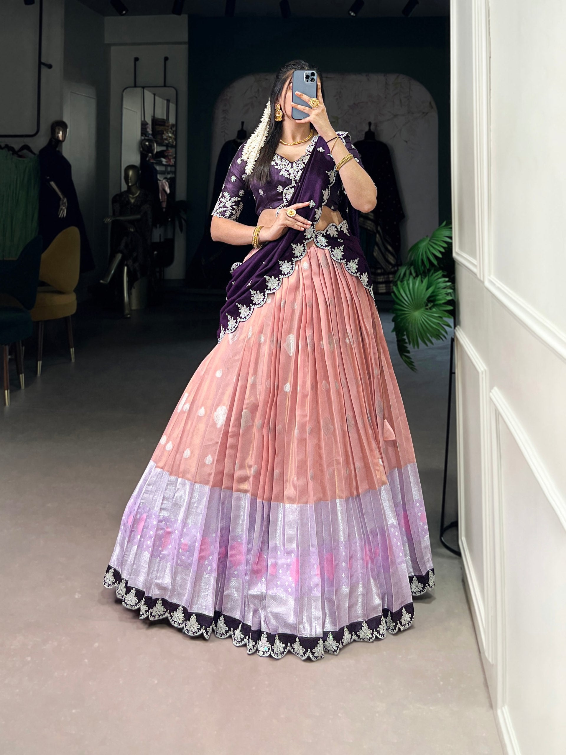 Peach Zari Kota Embroidered Lehenga Set with Vichitra Silk Dupatta – Sequins & Thread Work, Unstitched Blouse Clothsvilla