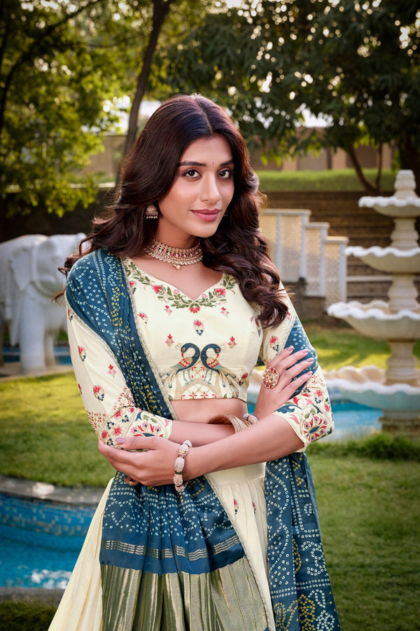 Peacock Traditional Khadi Cotton Embroidered Lehenga Set with Printed Gaji Silk Dupatta & Tassels ClothsVilla