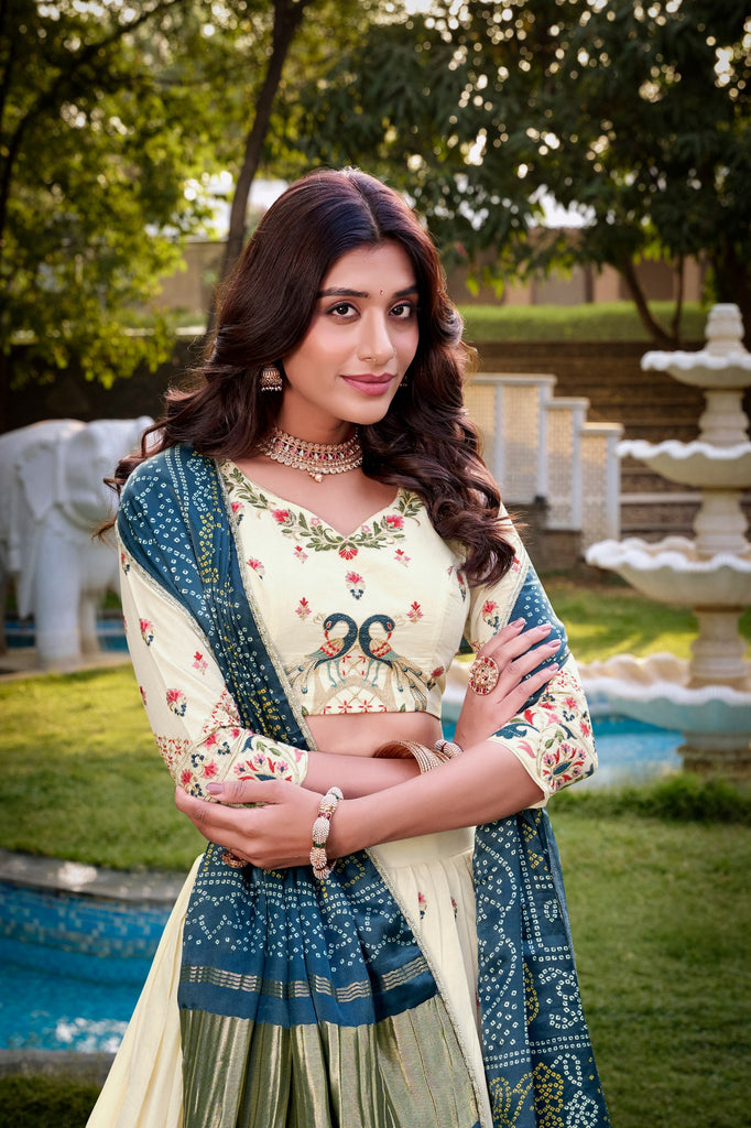 Peacock Traditional Khadi Cotton Embroidered Lehenga Set with Printed Gaji Silk Dupatta & Tassels ClothsVilla