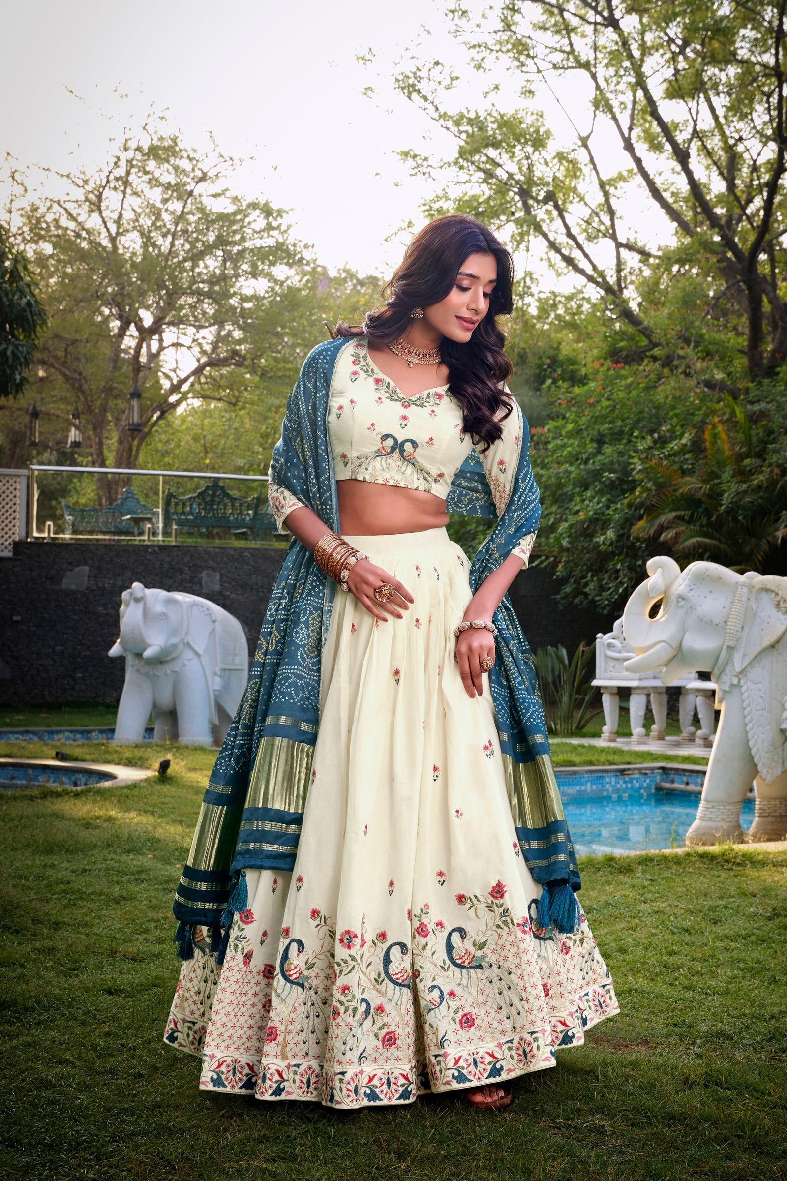 Peacock Traditional Khadi Cotton Embroidered Lehenga Set with Printed Gaji Silk Dupatta & Tassels ClothsVilla