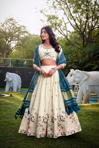 Peacock Traditional Khadi Cotton Embroidered Lehenga Set with Printed Gaji Silk Dupatta & Tassels ClothsVilla