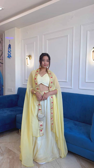 Pestel Yellow Georgette Lehenga Set with Embroidered Koti & Unstitched Blouse – Sequins, Thread & Dori Work ClothsVilla