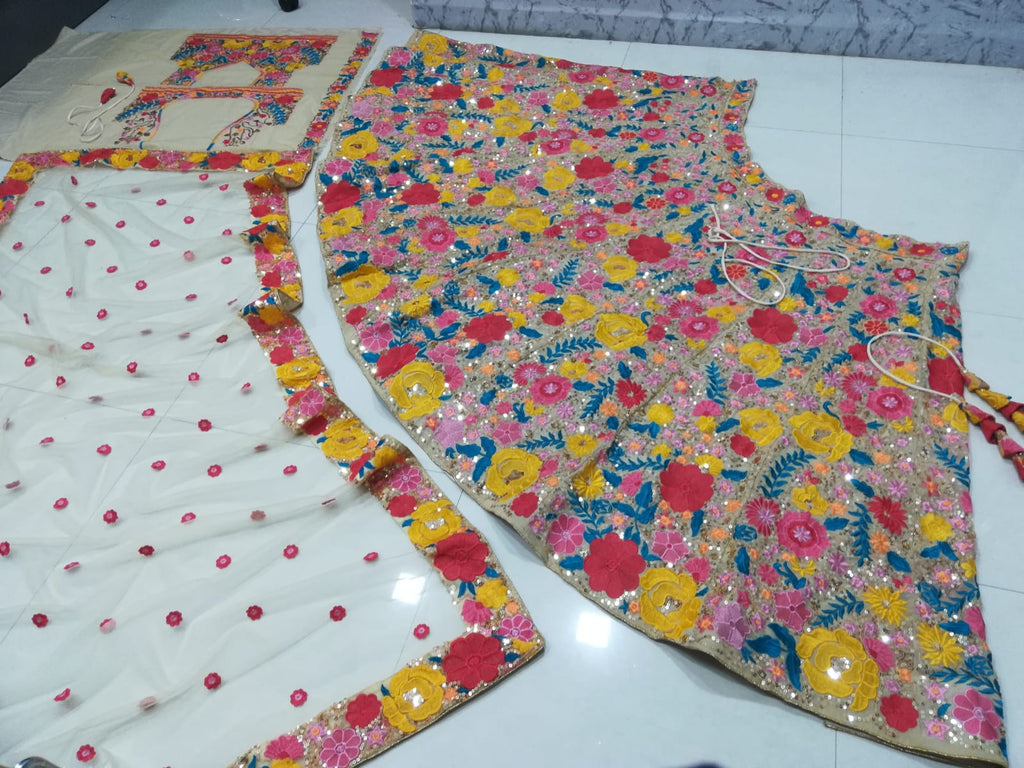 Multicolor Embroidered Georgette Lehenga Choli Dupatta Set ClothsVilla