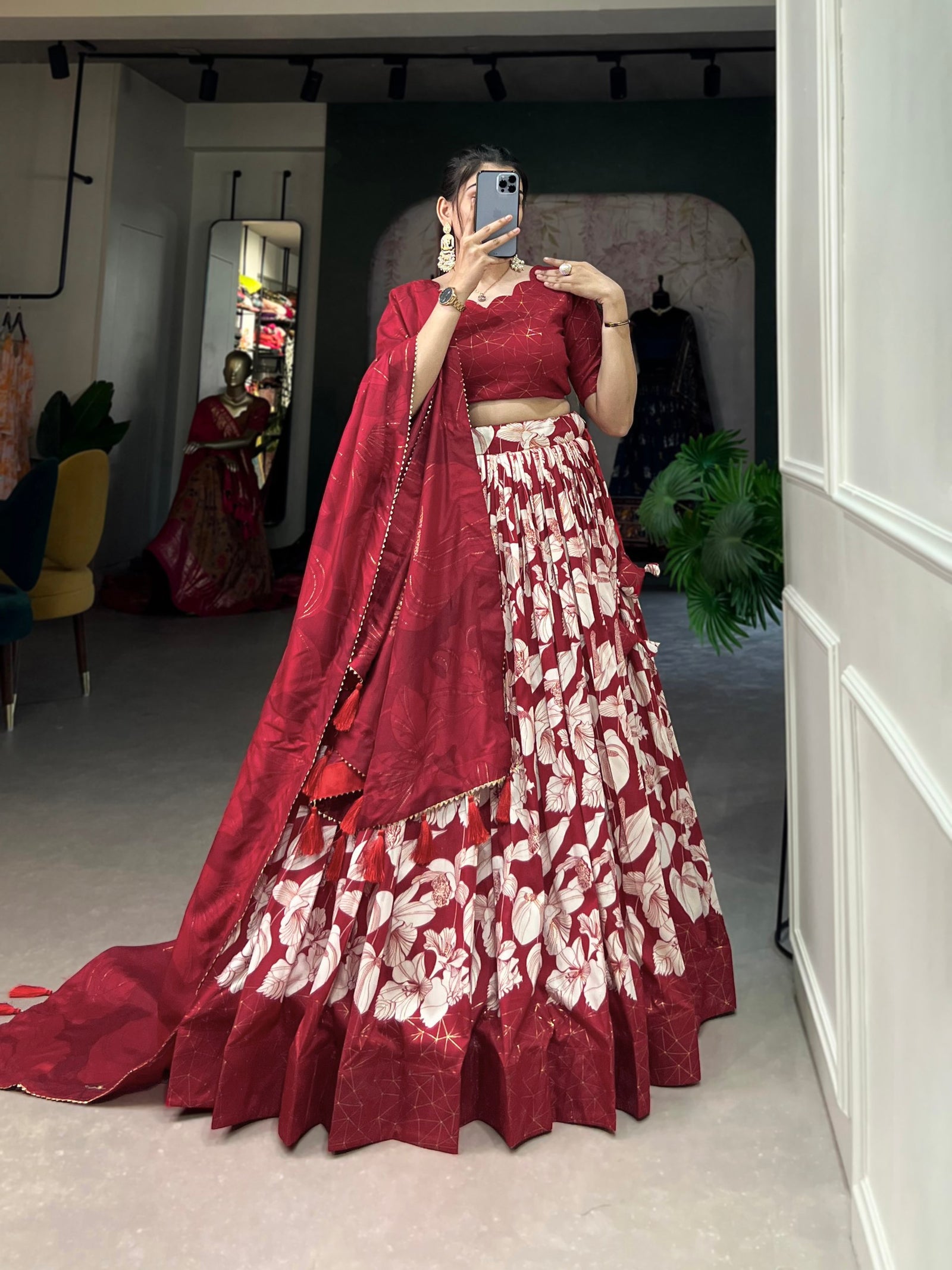Red Tussar Silk Printed Lehenga Choli with Foil Work ClothsVilla