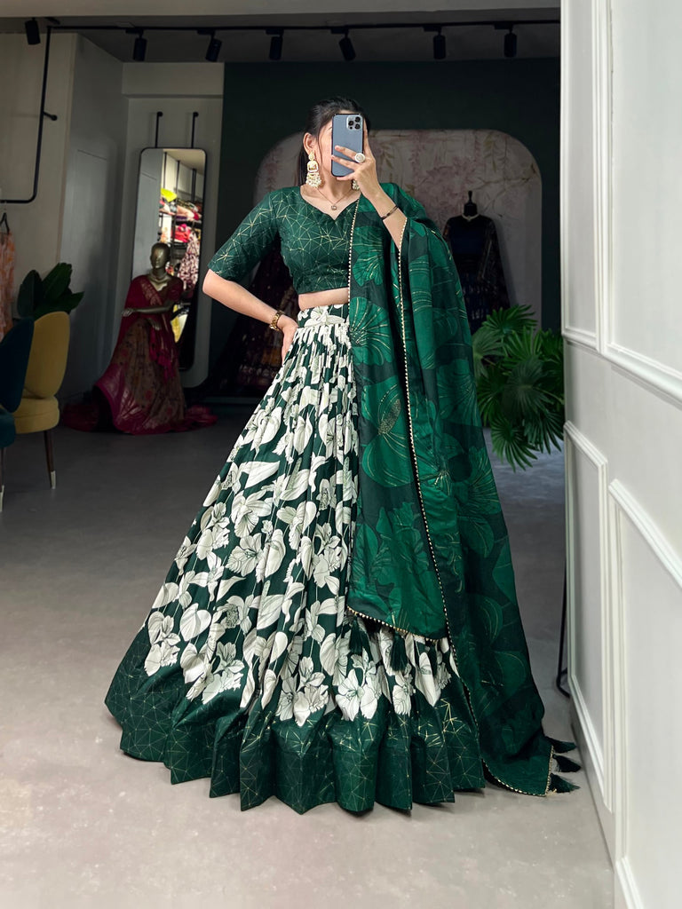 Green Tussar Silk Printed Lehenga Choli with Foil Work ClothsVilla