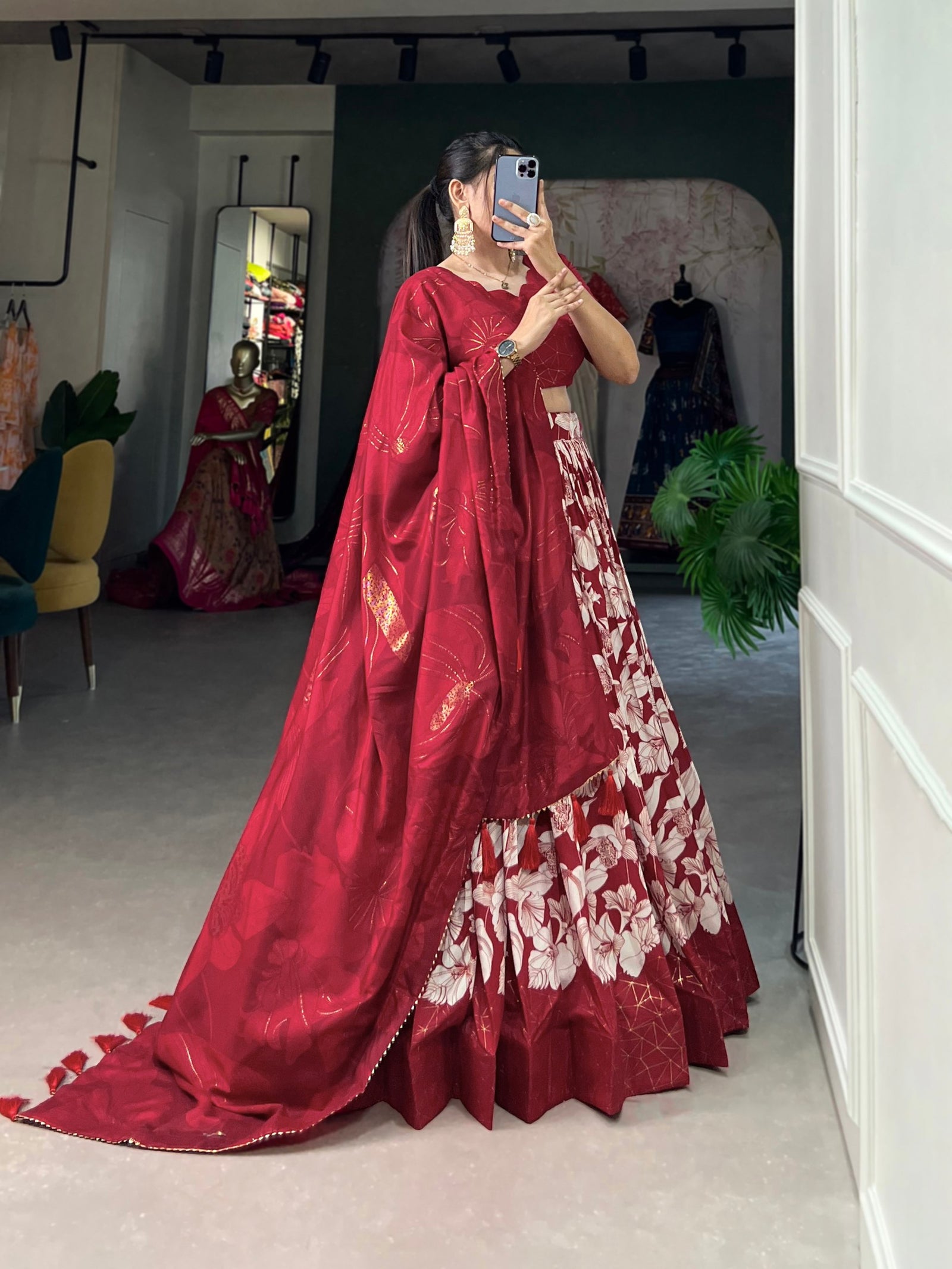 Red Tussar Silk Printed Lehenga Choli with Foil Work ClothsVilla