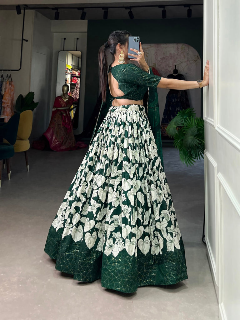 Green Tussar Silk Printed Lehenga Choli with Foil Work ClothsVilla