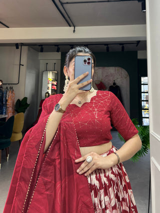 Red Tussar Silk Printed Lehenga Choli with Foil Work ClothsVilla