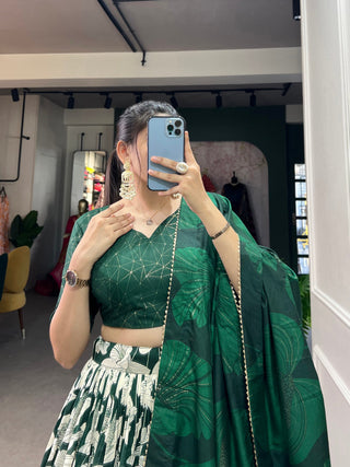 Green Tussar Silk Printed Lehenga Choli with Foil Work ClothsVilla