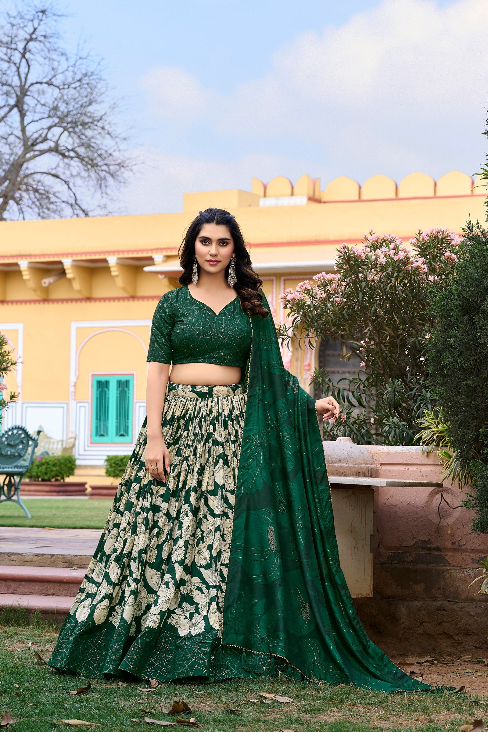 Green Tussar Silk Printed Lehenga Choli with Foil Work ClothsVilla
