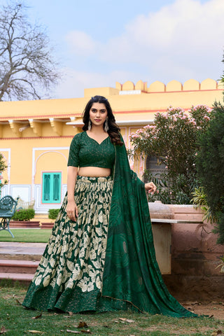 Green Tussar Silk Printed Lehenga Choli with Foil Work ClothsVilla