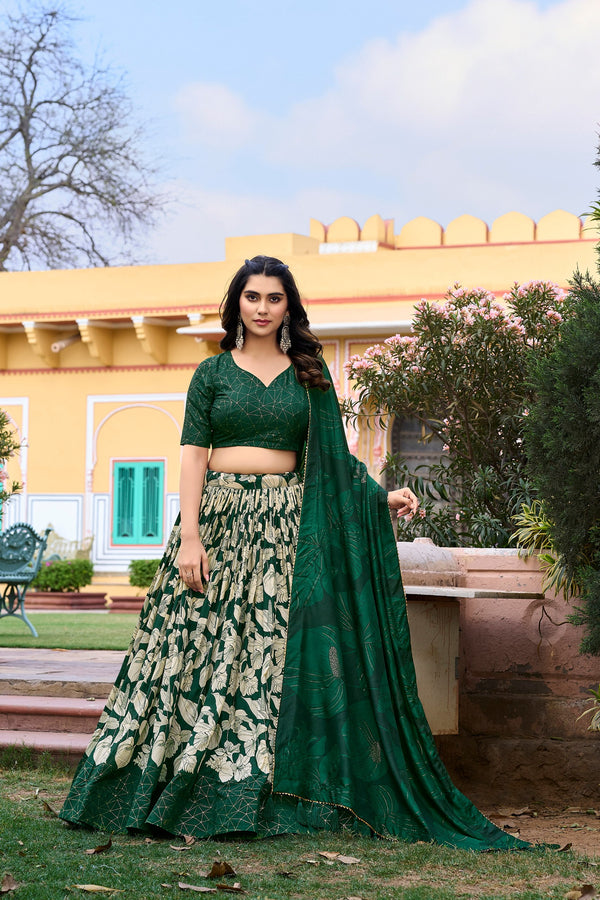 Green Tussar Silk Printed Lehenga Choli with Foil Work ClothsVilla
