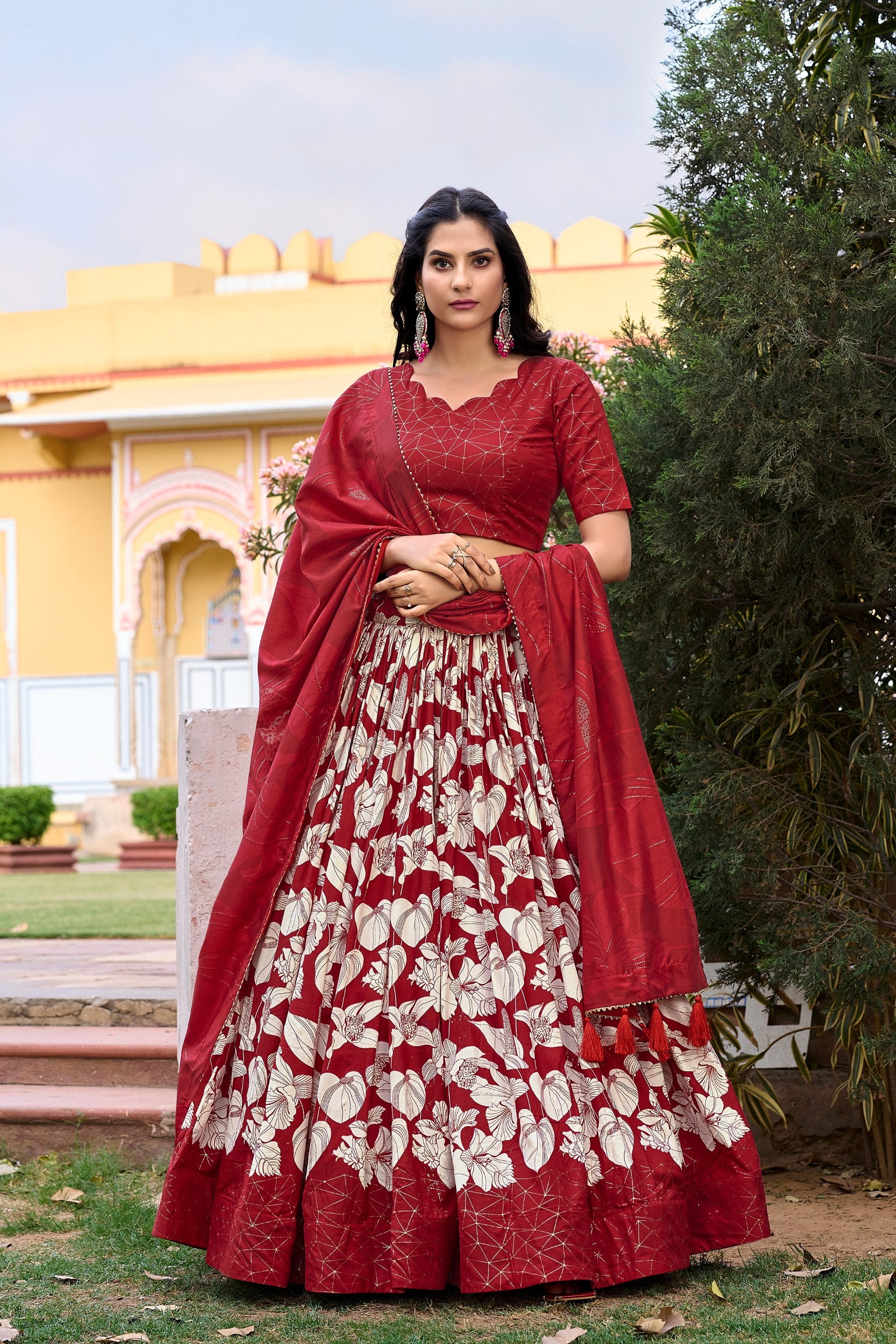 Red Tussar Silk Printed Lehenga Choli with Foil Work ClothsVilla Main image