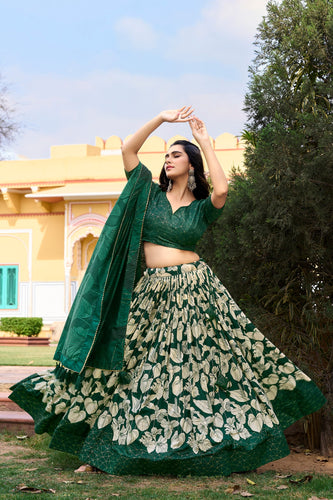 Green Tussar Silk Printed Lehenga Choli with Foil Work ClothsVilla