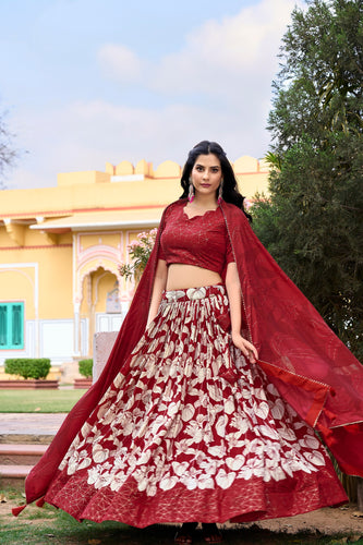 Red Tussar Silk Printed Lehenga Choli with Foil Work ClothsVilla