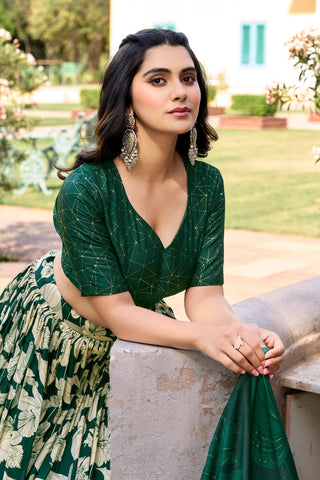Green Tussar Silk Printed Lehenga Choli with Foil Work ClothsVilla