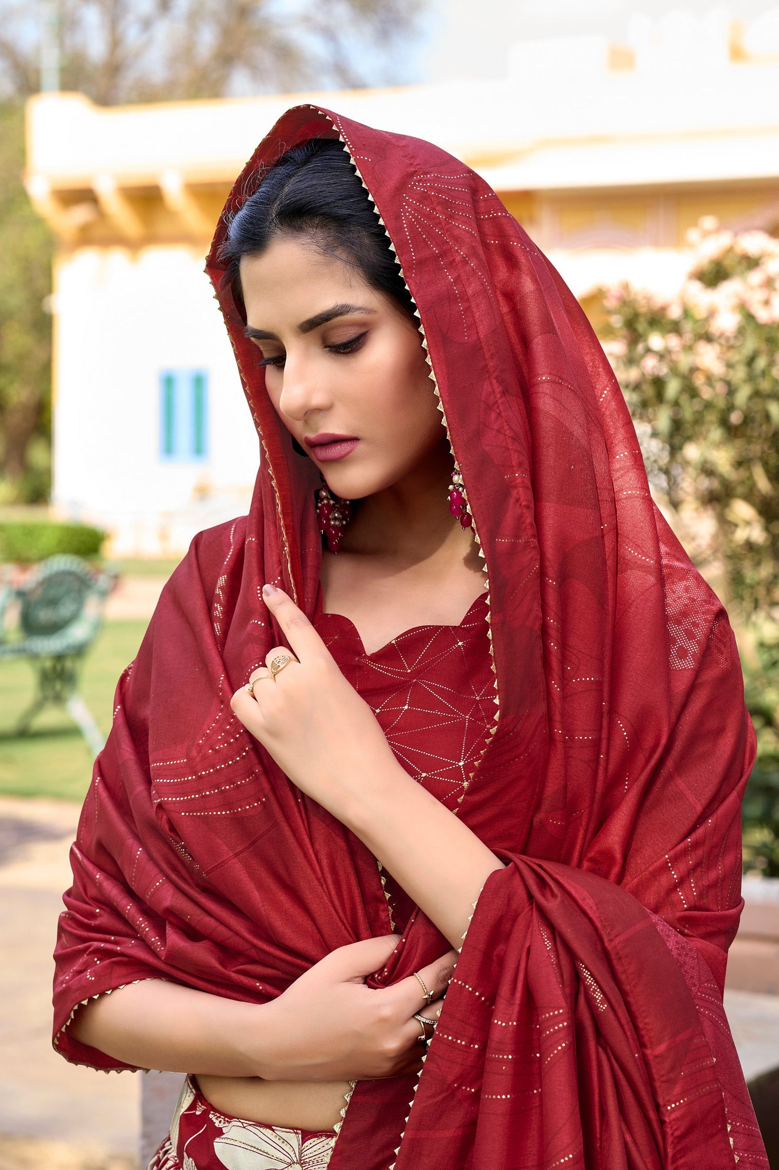 Red Tussar Silk Printed Lehenga Choli with Foil Work ClothsVilla