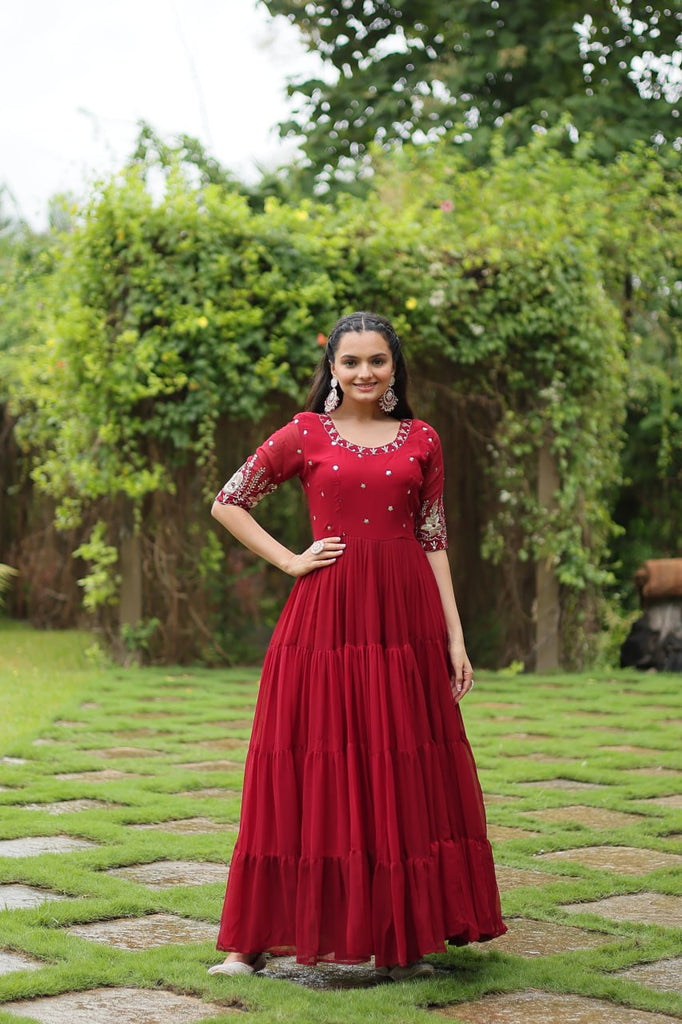 Red Luxury Designer Gown with Zari and Sequins Embroidery ClothsVilla