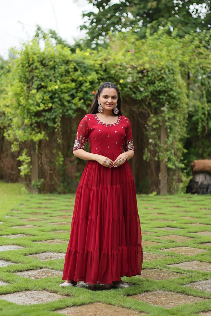 Red Luxury Designer Gown with Zari and Sequins Embroidery ClothsVilla