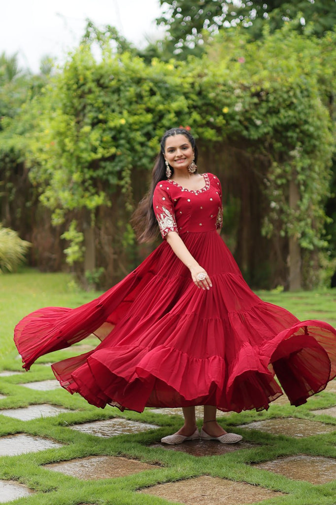 Red Luxury Designer Gown with Zari and Sequins Embroidery ClothsVilla