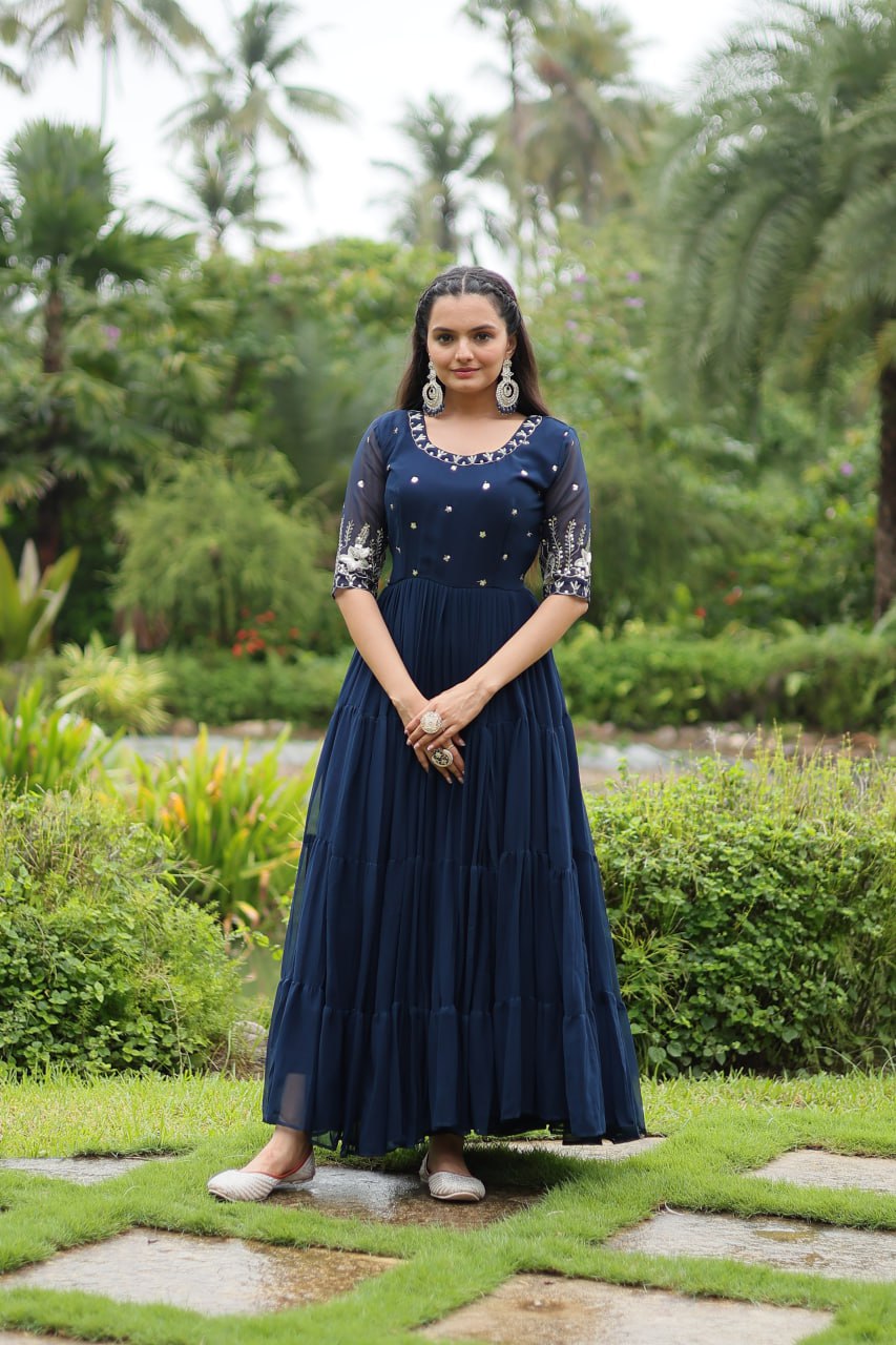 Navy Blue Luxury Designer Gown with Zari and Sequins Embroidery ClothsVilla