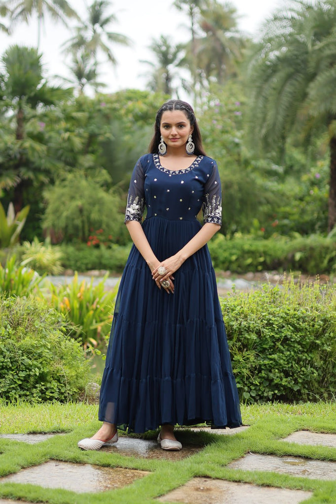 Vastranavya Premium Designer Faux Blooming with Embroidery Zari Sequins work Gown - Navy Blue - M Vastranavya Premium Designer Faux Blooming with Embroidery Zari Sequins work Gown - Navy Blue - M