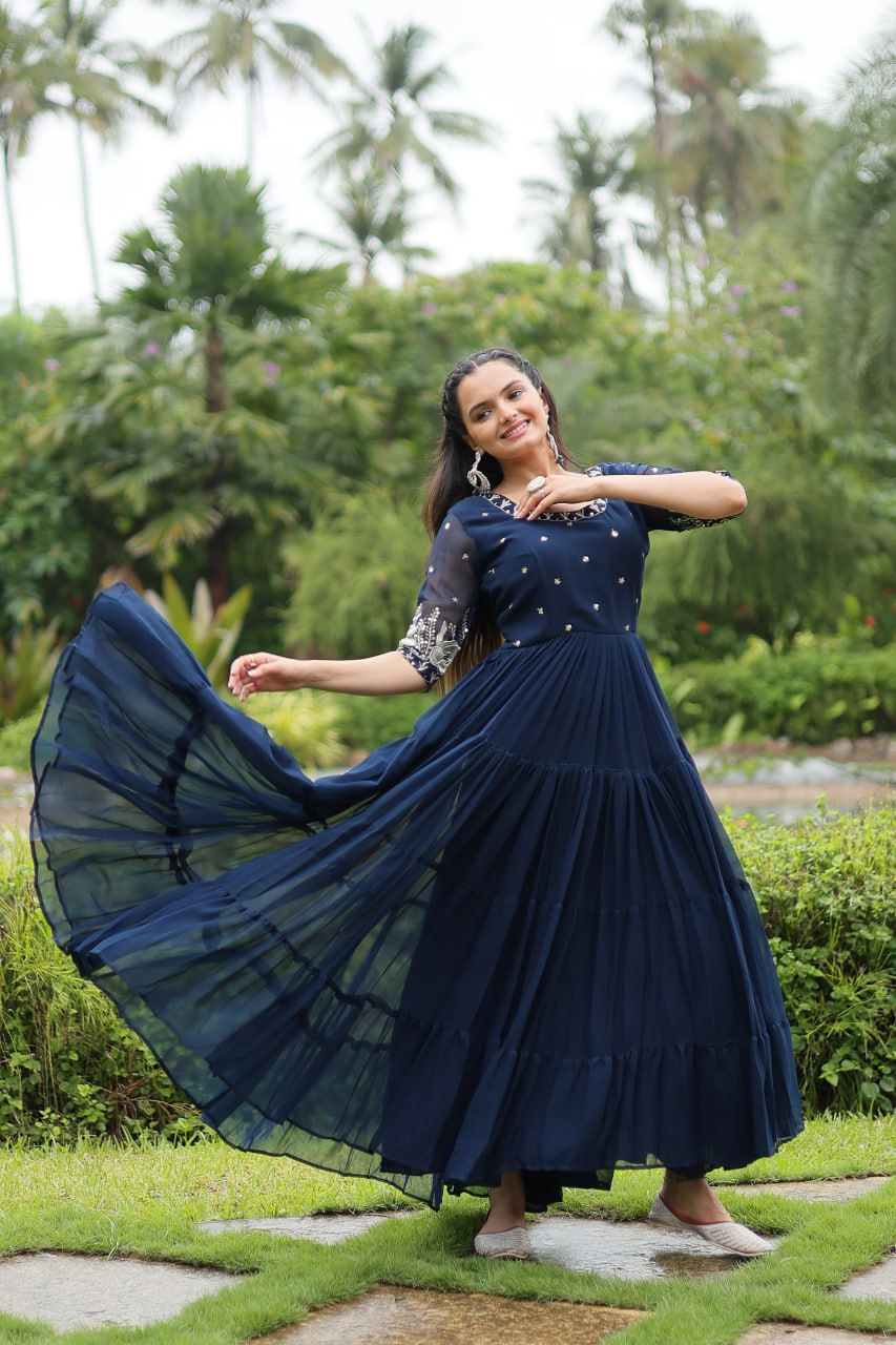 Navy Blue Luxury Designer Gown with Zari and Sequins Embroidery ClothsVilla
