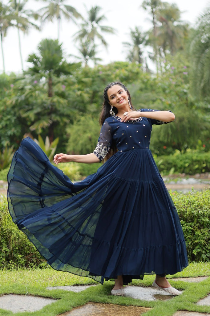 Navy Blue Luxury Designer Gown with Zari and Sequins Embroidery ClothsVilla