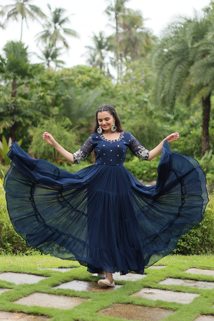 Navy Blue Luxury Designer Gown with Zari and Sequins Embroidery ClothsVilla