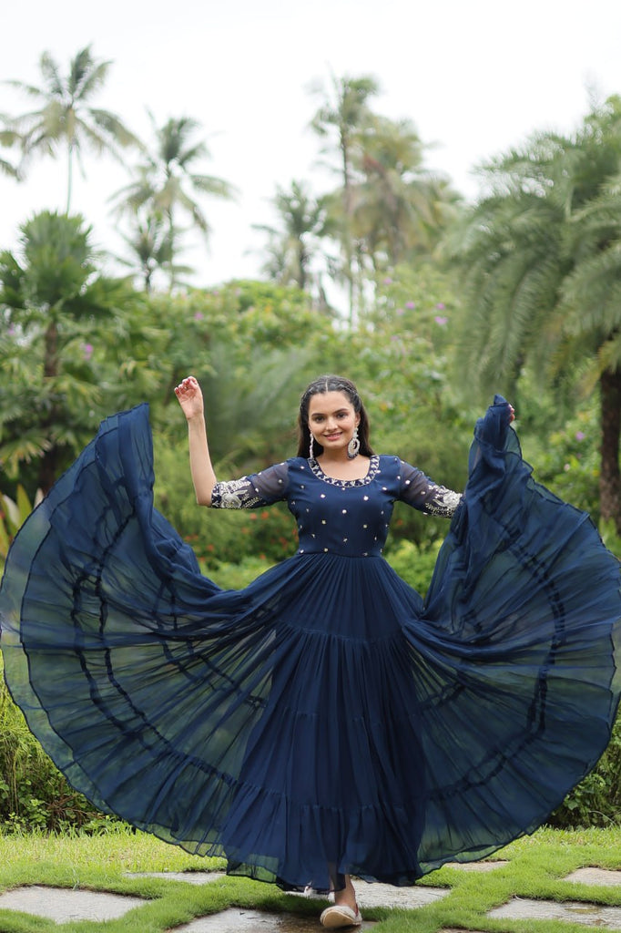 Navy Blue Luxury Designer Gown with Zari and Sequins Embroidery ClothsVilla