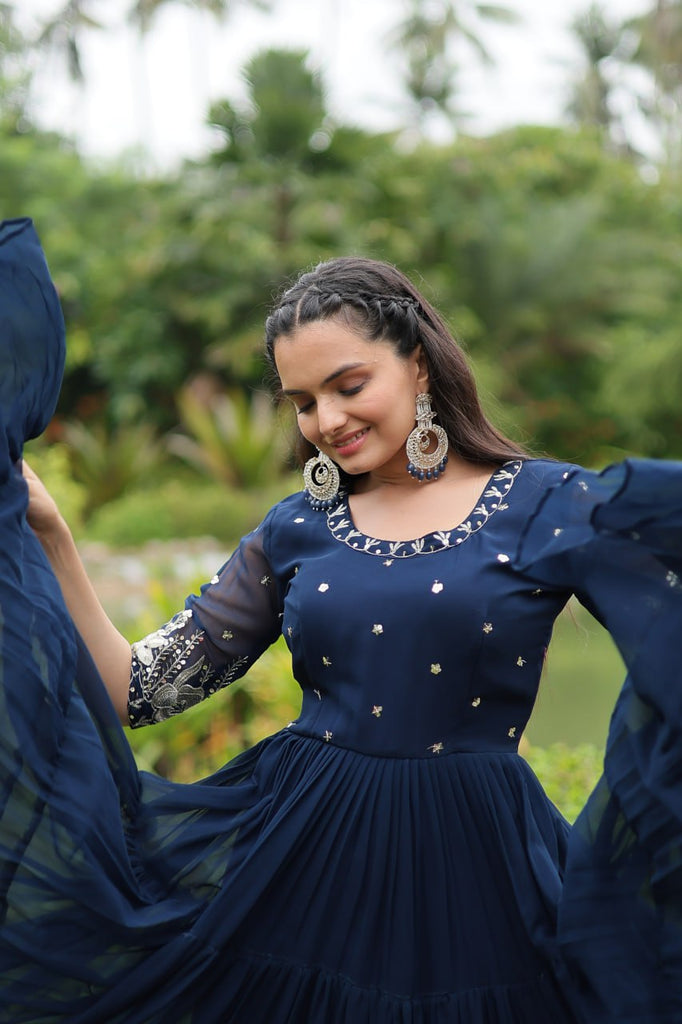 Vastranavya Premium Designer Faux Blooming with Embroidery Zari Sequins work Gown - Navy Blue - M Vastranavya Premium Designer Faux Blooming with Embroidery Zari Sequins work Gown - Navy Blue - M